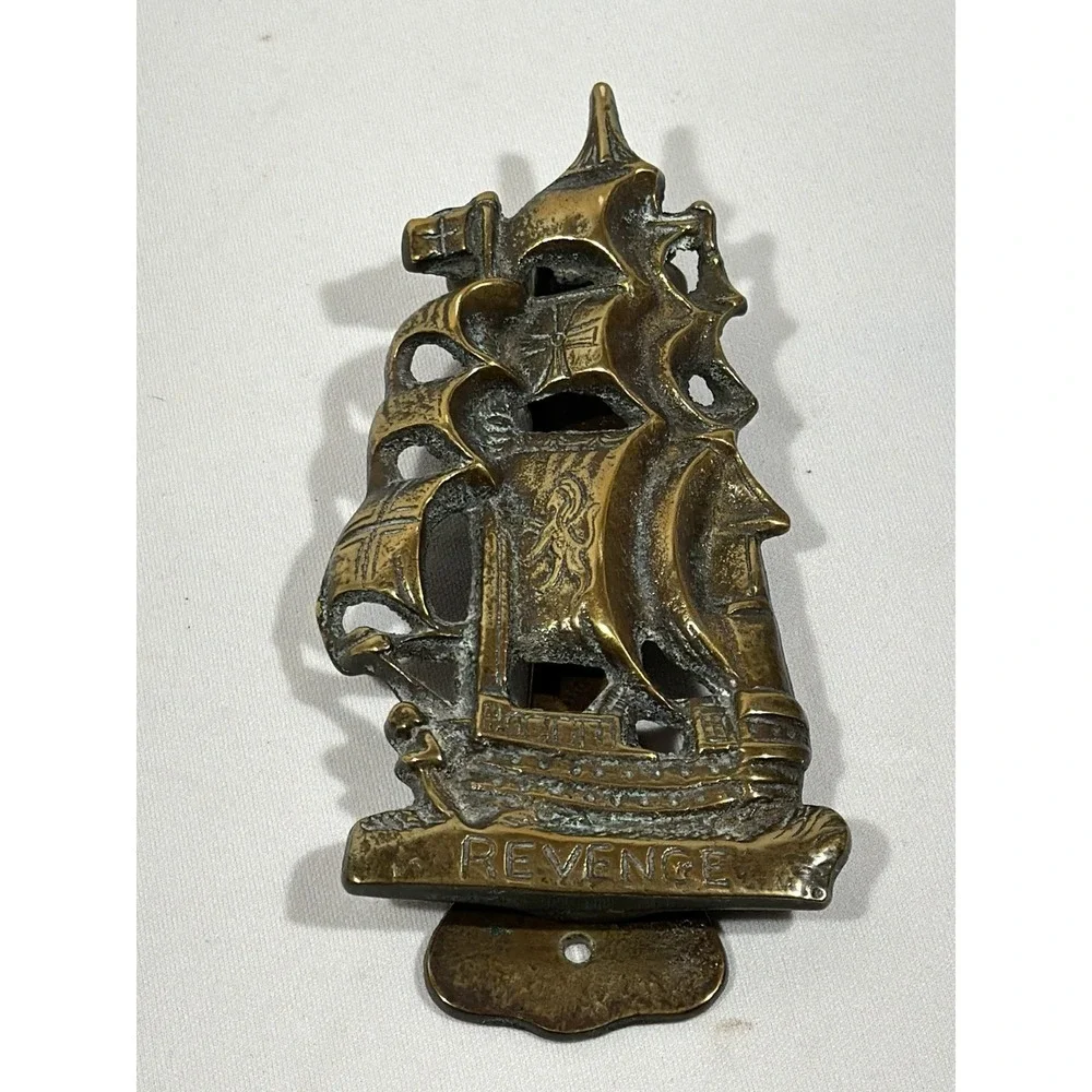 Antique Brass HMS Revenge Ship Door Knocker Nautical Coastal Galleon Decor